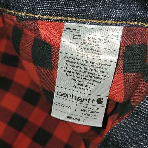 New Carhartt Rugged Flex Original Fit Flannel Lined Dark Denim Jean 16W Reg Plus - Picture 6 of 8